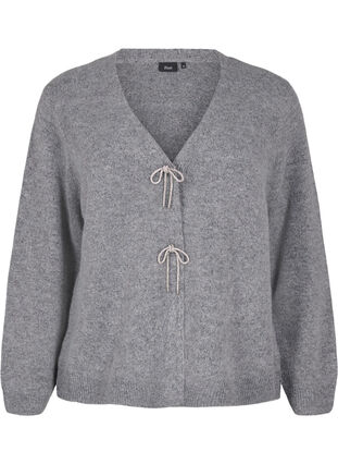 Zizzi Strikcardigan med sølvsløjfe, Medium Grey Melange, Packshot image number 0