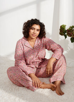 Zizzi Bomulds natskjorte med blomsterprint, Powder Pink, Image image number 0