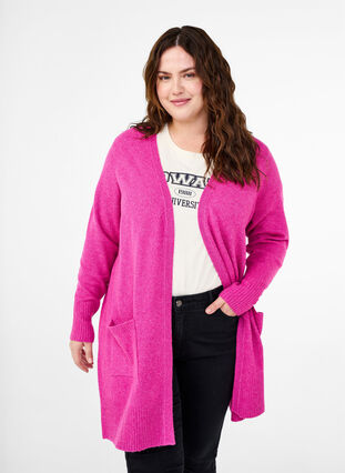 Zizzi Meleret strik cardigan med lommer, F. Red White Mel., Model image number 0