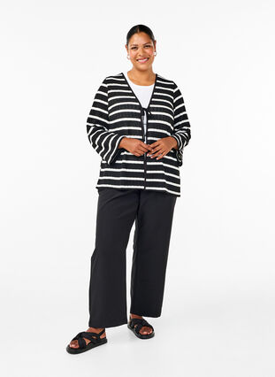 Zizzi Cardigan med bindebånd, Black White stripe, Model image number 2