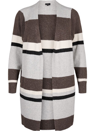 Zizzi Lang strikcardigan med brede striber, Light Grey Mel.Comb, Packshot image number 0