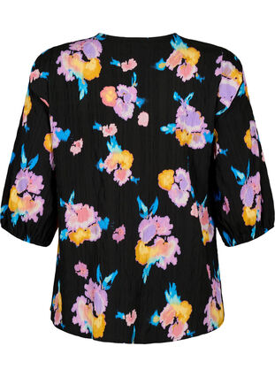 Zizzi Blomstret bluse med rund hals og lynlås, Black w. Flower AOP, Packshot image number 1