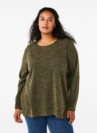 Meleret bluse med rund hals og lange ærmer, Winter Moss, Model