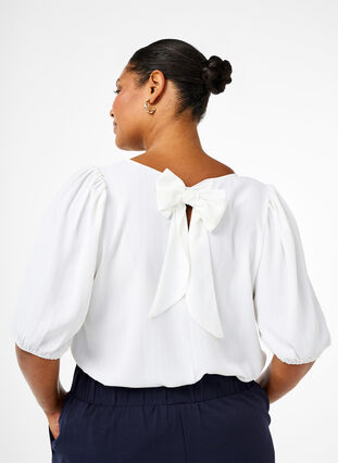 Zizzi Kortærmet bluse med sløjfe bagpå, Bright White, Model image number 1