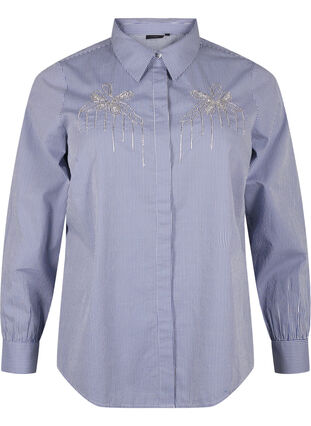 Zizzi Skjorte i økologisk bomuld med perlebroderi, Blue White Stripe, Packshot image number 0