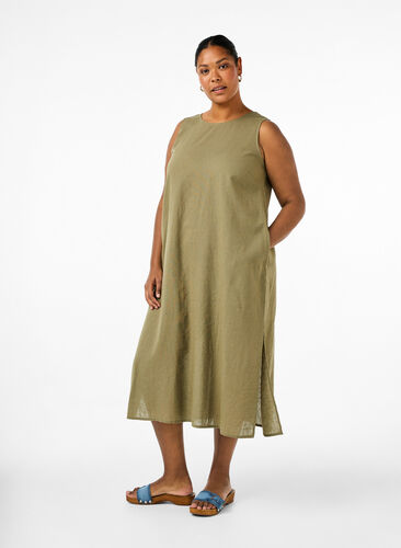 Zizzi Ærmeløs kjole i bomuldsmix med hør, Deep Lichen Green, Model image number 0