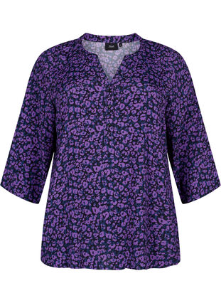 Zizzi Bluse i viskose med 3/4 ærmer, Purple Leo AOP, Packshot image number 0