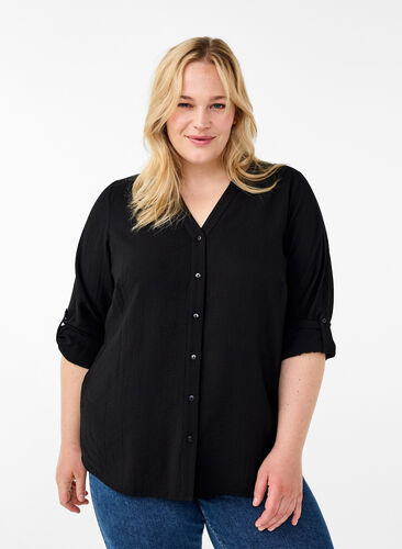 Zizzi Viskose skjortebluse med 3/4 ærmer, Black, Model image number 0