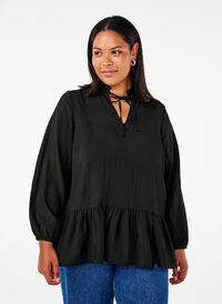 Viskose bluse med peplum, Black, Model