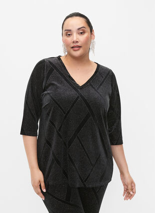 Zizzi Velourbluse med glitter og 3/4 ærmer, Black, Model image number 0