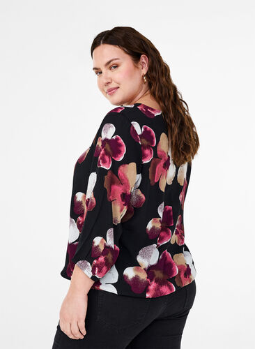 Zizzi Viskosebluse med print og smock, Black Pink FlowerAOP, Model image number 1