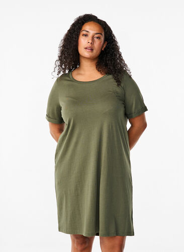 Zizzi T-shirt kjole i bomuld, Thyme, Model image number 0
