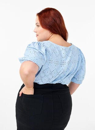 Zizzi Kortærmet bluse med hulmønster, Cashmere Blue, Model image number 1