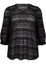 Bluse med hulmønster og 3/4 ærmer, Black