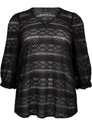 Zizzi Bluse med hulmønster og 3/4 ærmer, Black, Packshot image number 0