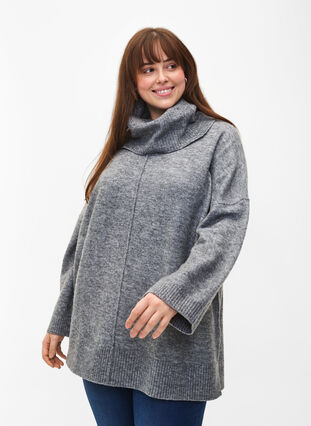 Zizzi Meleret striktrøje med rullekrave, Medium Grey Melange, Model image number 0