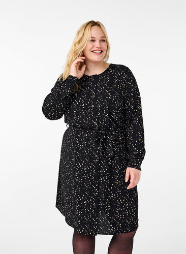 Zizzi Langærmet skjortekjole med bindebånd, Black w. Dot AOP, Model image number 0