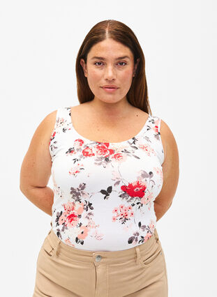 Zizzi Blomstret tanktop i viskose, White AOP flower, Model image number 0