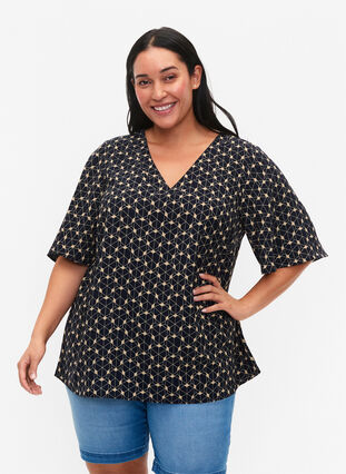 Zizzi Kortærmet bluse med print, Blue Beige AOP, Model image number 0