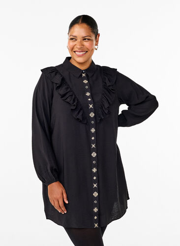 Zizzi Skjortekjole med flæser og broderi, Black, Model image number 0