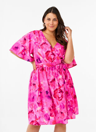 Zizzi Knælang kjole med blomsterprint og wraplook, Pink Rose AOP, Model image number 1