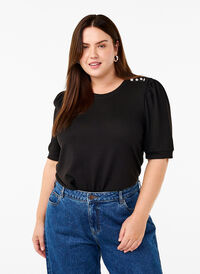 Bluse med knapdetalje og korte pufærmer, Black, Model