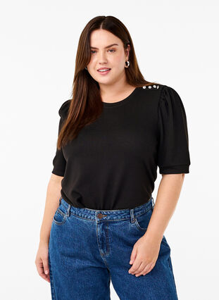 Zizzi Bluse med knapdetalje og korte pufærmer, Black, Model image number 0