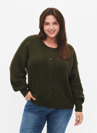 Zizzi Ribstrikket cardigan med knapper, Forest Night Mel., Model image number 0