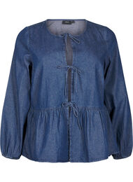 Peplum bluse i denim med bindelukning, Dark Blue Denim