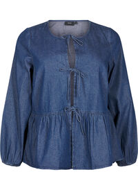 Peplum bluse i denim med bindelukning