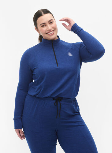 Zizzi Træningsbluse med lynlås, S. Blue / Black Mel., Model image number 0