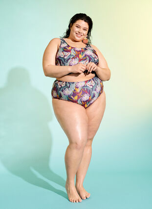 Zizzi Højtaljet bikini underdel med print, Deep Tropical Print, Image image number 0