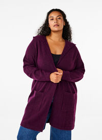 Lang strik cardigan med uld og hætte, Potent Purple Mel., Model