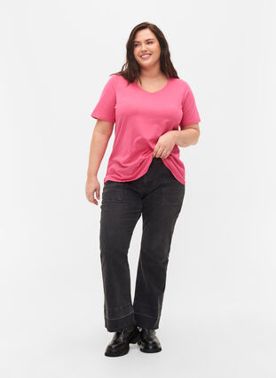 Zizzi Ensfarvet basis t-shirt i bomuld, Hot Pink, Model image number 2