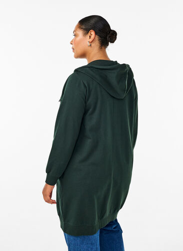 Zizzi Lang bomulds sweat cardigan med hætte, Scarab, Model image number 1