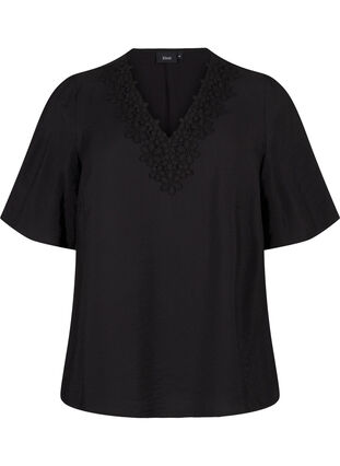 Zizzi Viskosebluse med v-hals og broderidetalje, Black, Packshot image number 0