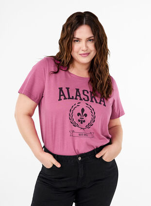 Zizzi T-shirt i bomuld med tekstmotiv, Malaga W. ALASKA, Model image number 0