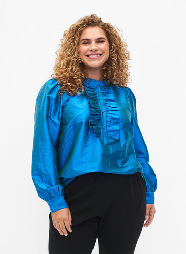 Zizzi Shiny skjortebluse med flæser, Diva Blue, Model image number 0