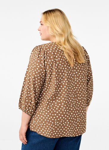 Zizzi 3/4 ærmet bluse i bomuld med prikker, Coca Mocha Dot , Model image number 1