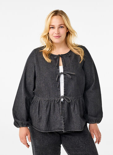 Zizzi Peplum bluse i denim med bindelukning, Dark Grey Denim, Model image number 0