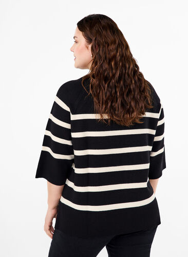 Zizzi 3/4 ærmet strikbluse med striber, Black Birch Stripes, Model image number 1