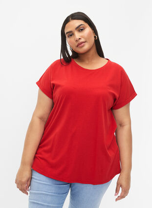 Zizzi Kortærmet t-shirt i bomuldsblanding, Tango Red, Model image number 0