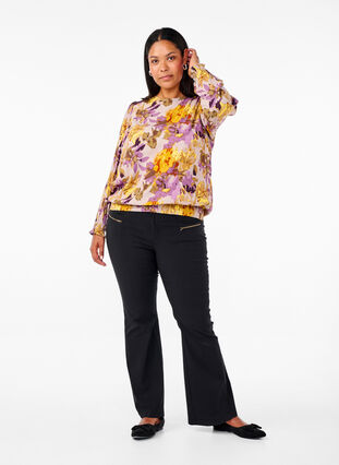 Zizzi Smockbluse med blomsterprint, Purple Flower, Model image number 2