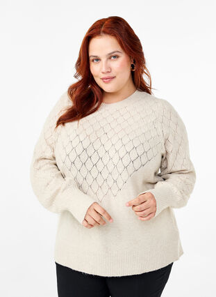 Zizzi Strikbluse med hulmønster, Pumice Stone Mel., Model image number 0