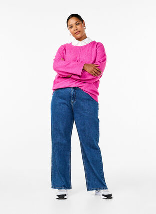 Zizzi Strikbluse med rund hals og midtersøm, Fuchsia Red Mel., Model image number 2