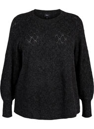 Strikbluse med hulmønster, Dark Grey Melange