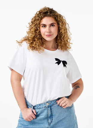 Zizzi Bomulds t-shirt med sløjfe, Bright Wh. W. Black , Model image number 0