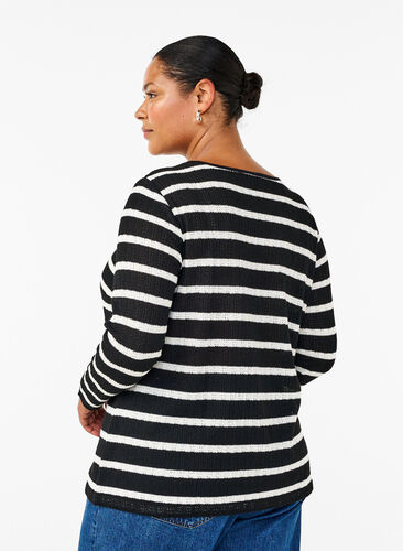 Zizzi Bluse med striber og lange ærmer, Black Sand Stripe, Model image number 1