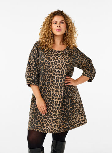 Zizzi Denimkjole med leopardprint, Leo AOP, Model image number 0