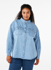 Stribet denimskjorte med brystlommer, Light B.Denim Stripe, Model